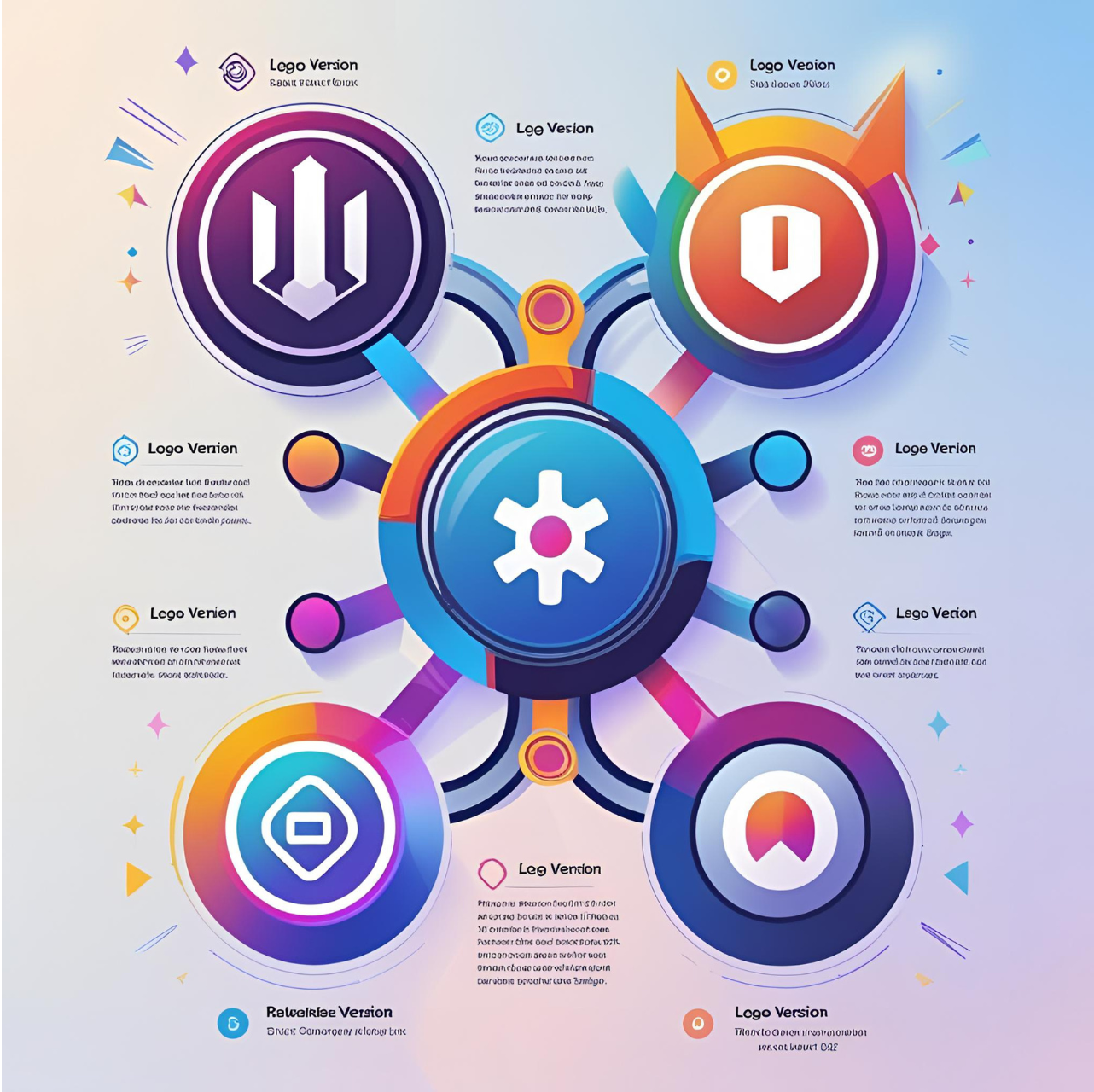 Graphic illustrating different logo versions and concepts